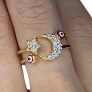 NEW Adjustable Yellow Gold Plated Crescent Moon & Star Ring w/ Evil Eye Accents